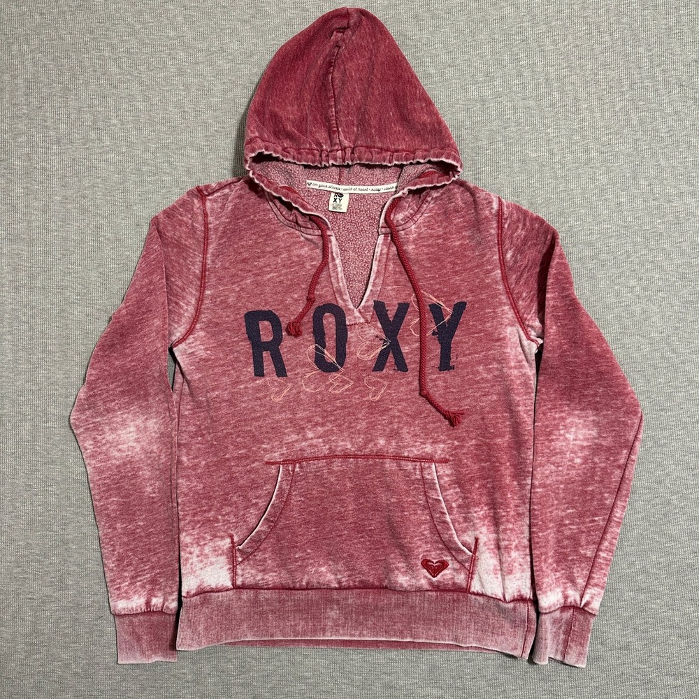 Roxy Womens Red Acid Wash V-Neck Pullover Hoodie Long Sleeves Size XL